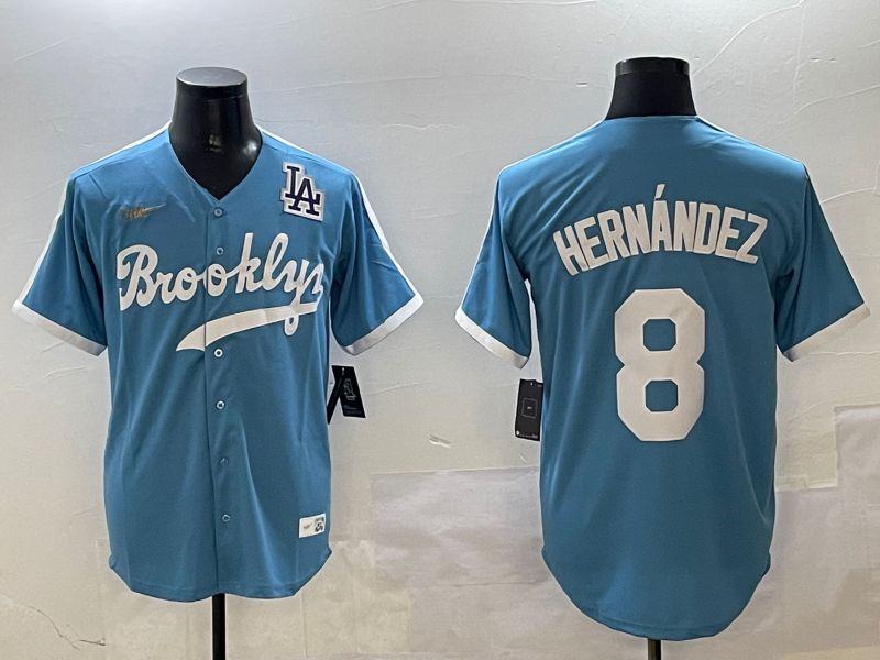 Men Los Angeles Dodgers #8 Hernandez Light Blue Throwback Game 2025 Nike MLB Jersey style 3064